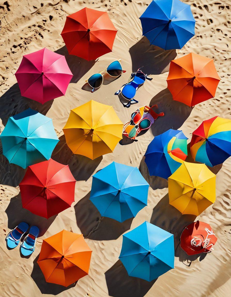 A stylish summer beach scene featuring a diverse group of models wearing trendy high-cut swimsuits and bold cut-out swimsuits. The sun is shining brightly, casting vibrant shadows on the sand, while colorful beach accessories like oversized hats, beach towels, and sunglasses enhance the summer vibe. The ocean in the background has gentle waves, and beach umbrellas add pops of color to the scene. Capture the joy and excitement of summer fashion with playful poses and lively expressions. super-realistic. vibrant colors. tropical background.